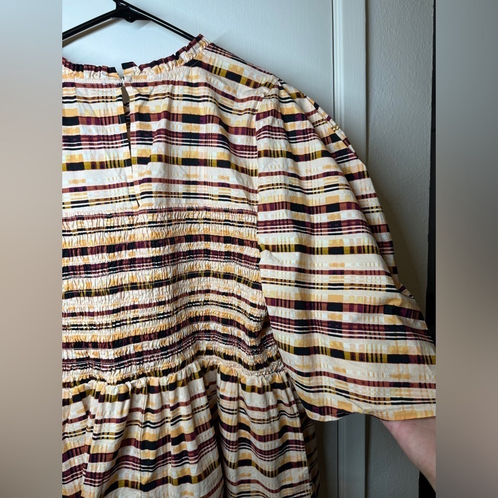 Eloquii Elements Plaid Short Puff Sleeves Peplum Smocked Cream Black Blouse 22 - Picture 12 of 16